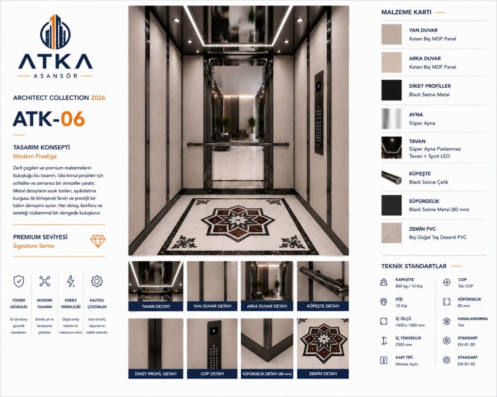 Atka ATK-06 Modern Prestige Asansör Kabini malzeme kartı