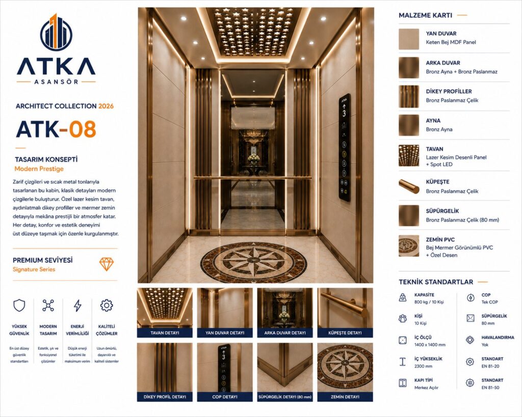 Atka ATK-08 Modern Prestige Asansör Kabini malzeme kartı